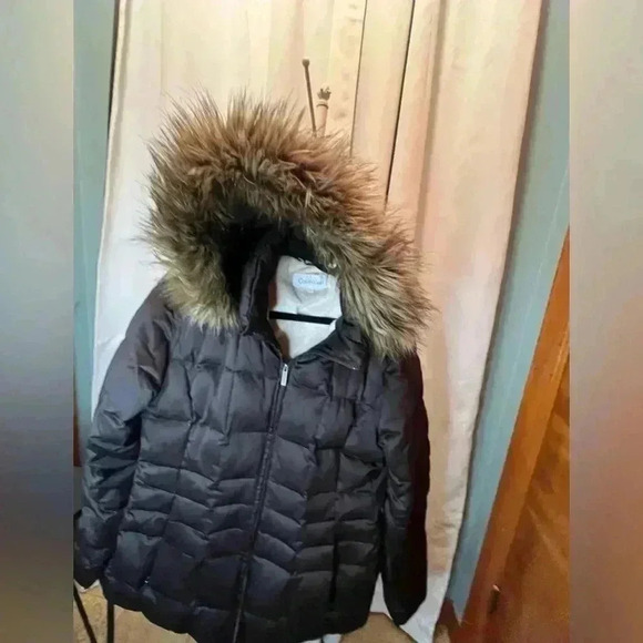 Calvin Klein Womens Down Coat Large Brown Fur Trim Hood Zip Pockets Full Zip - Picture 5 of 8
